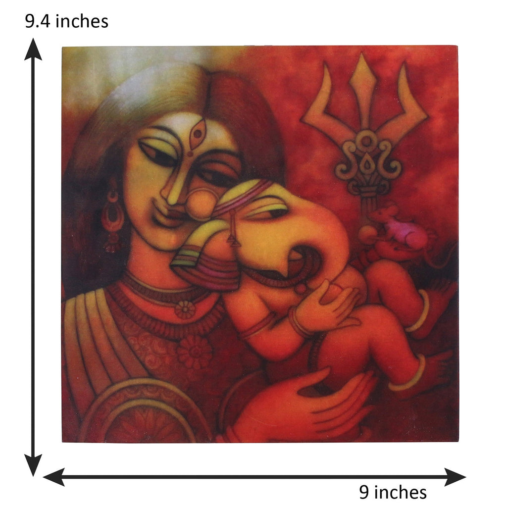 Lord Ganesha With Mother Painting On Marble Square Tile Kafalo