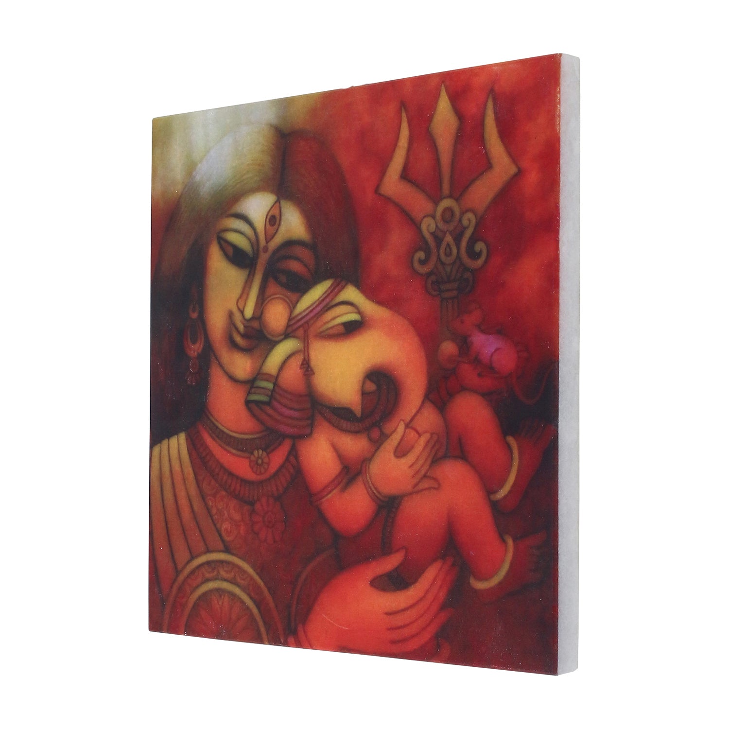 Lord Ganesha With Mother Painting On Marble Square Tile Kafalo