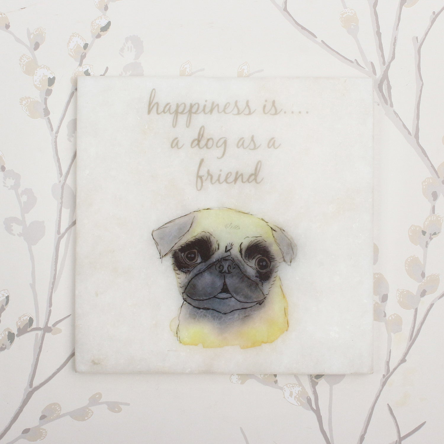 "Happiness Is A Dog As A Friend" Quote Painting On Marble Square Tile