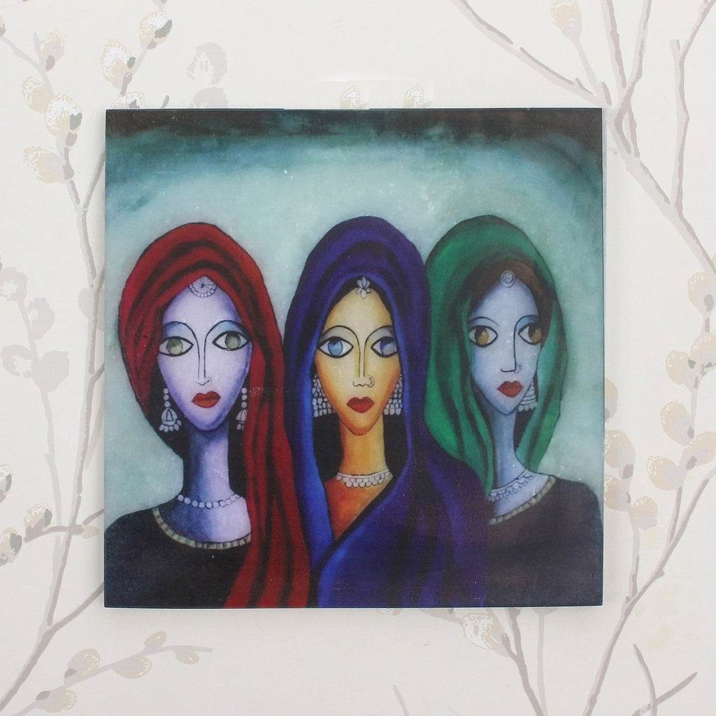 Abstract 3 Women Art Painting On Marble Square Tile Kafalo