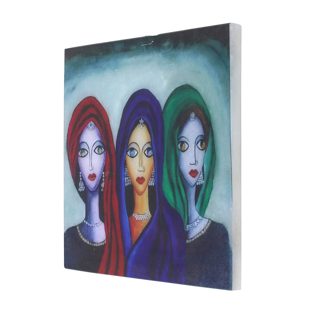 Abstract 3 Women Art Painting On Marble Square Tile Kafalo