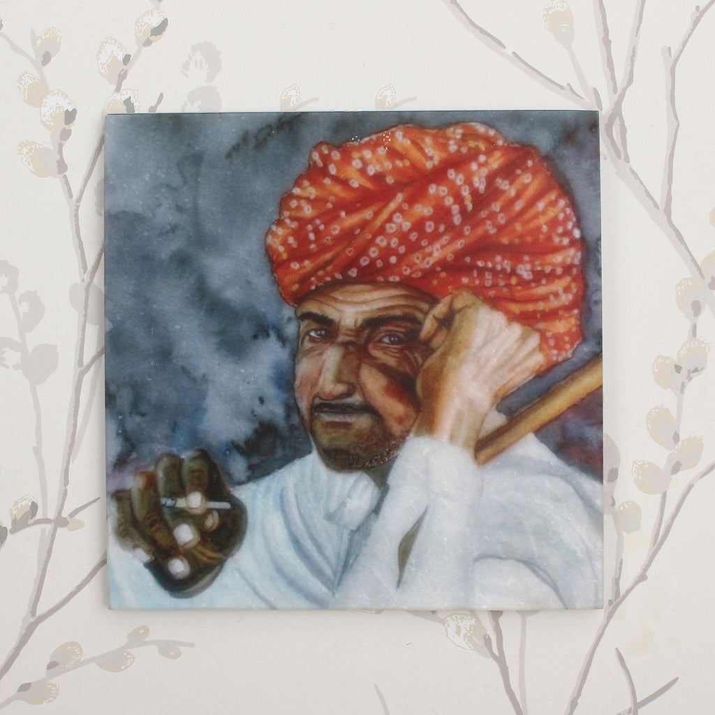 Rajasthani Man Wearing Turban Painting On Marble Square Tile Kafalo
