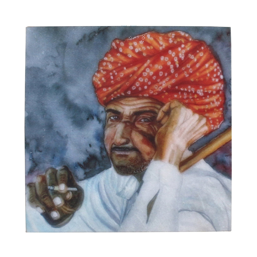 Rajasthani Man Wearing Turban Painting On Marble Square Tile Kafalo