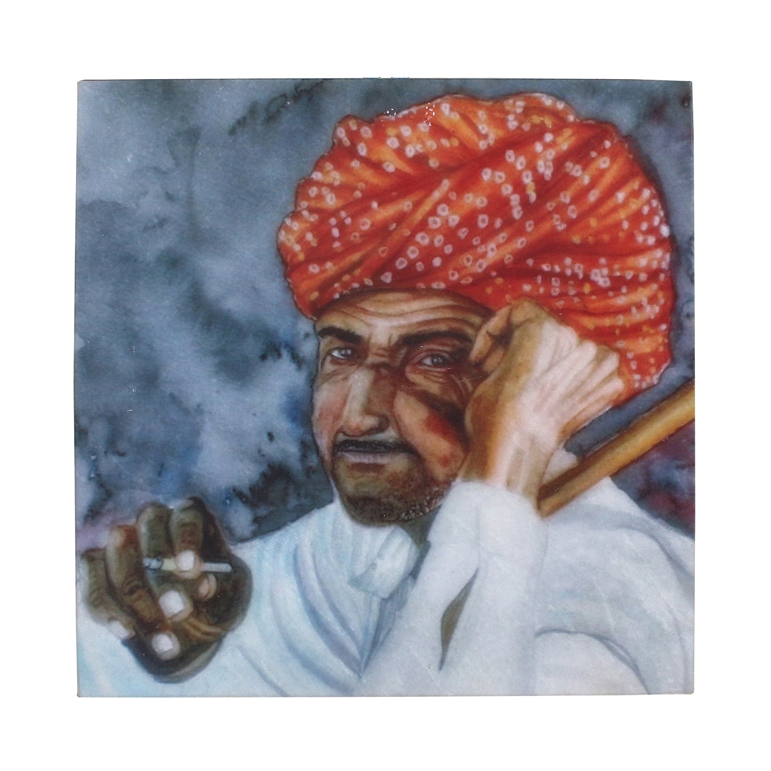 Rajasthani Man Wearing Turban Painting On Marble Square Tile Kafalo