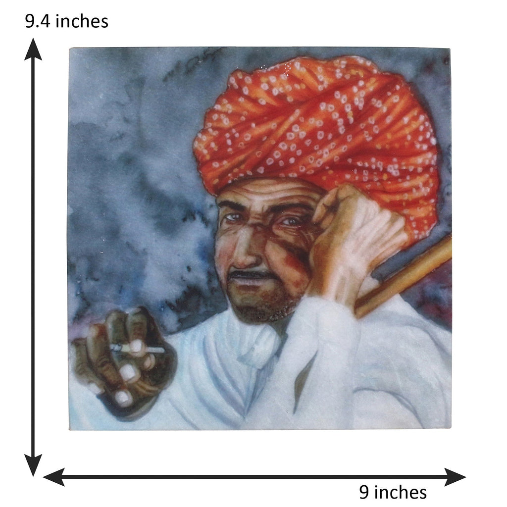 Rajasthani Man Wearing Turban Painting On Marble Square Tile Kafalo