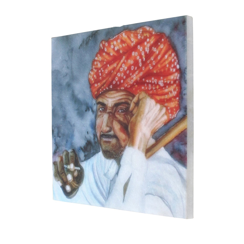 Rajasthani Man Wearing Turban Painting On Marble Square Tile Kafalo