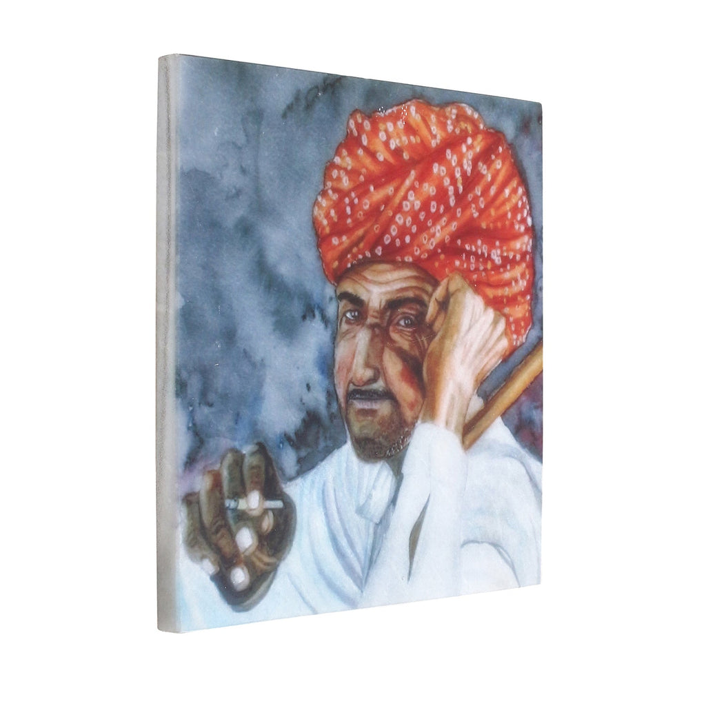 Rajasthani Man Wearing Turban Painting On Marble Square Tile Kafalo