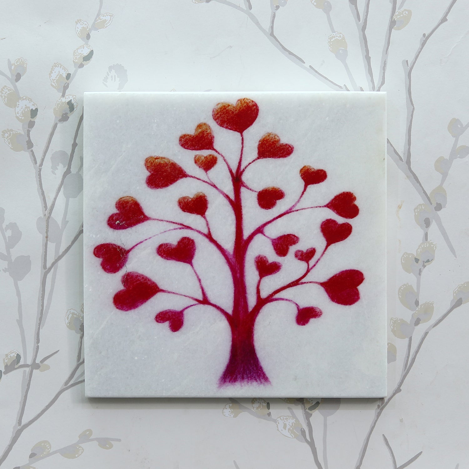 Red Hearts Tree Painting On Marble Square Tile Kafalo