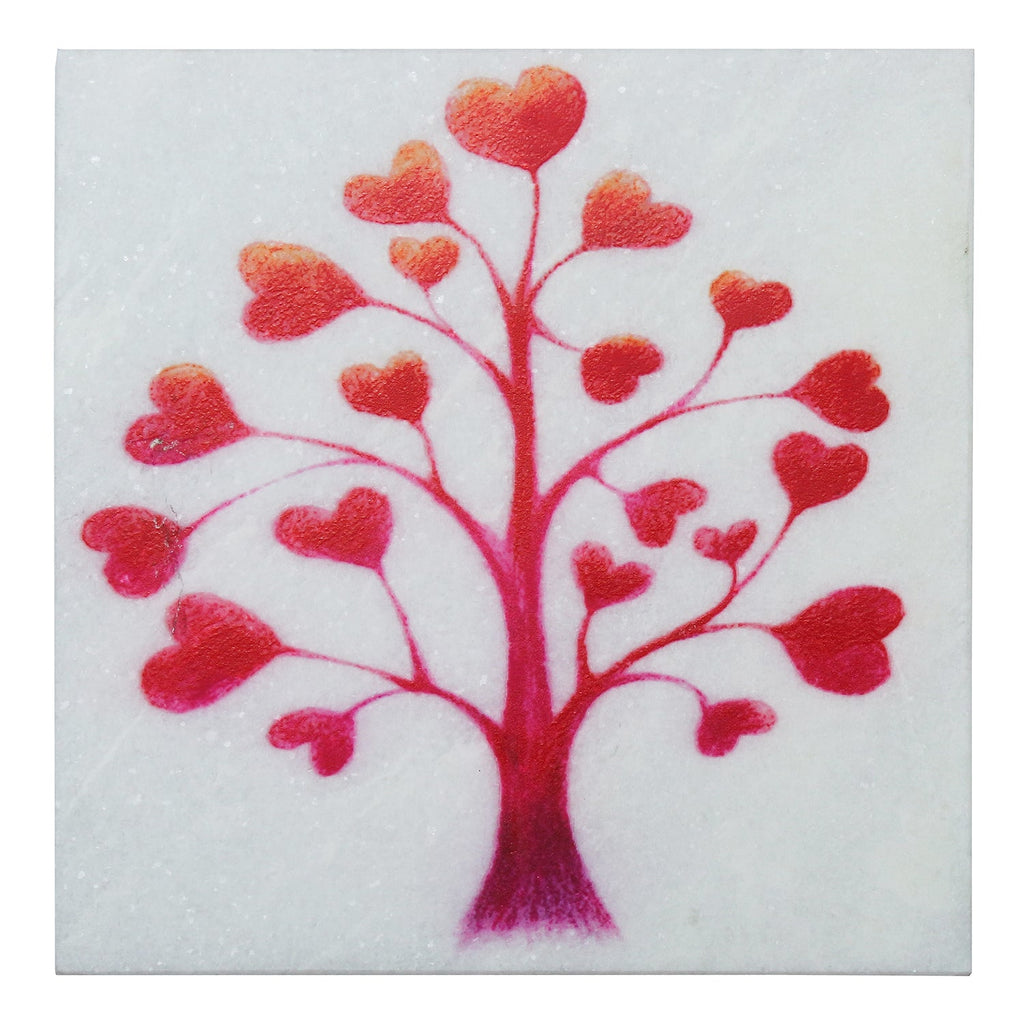 Red Hearts Tree Painting On Marble Square Tile Kafalo