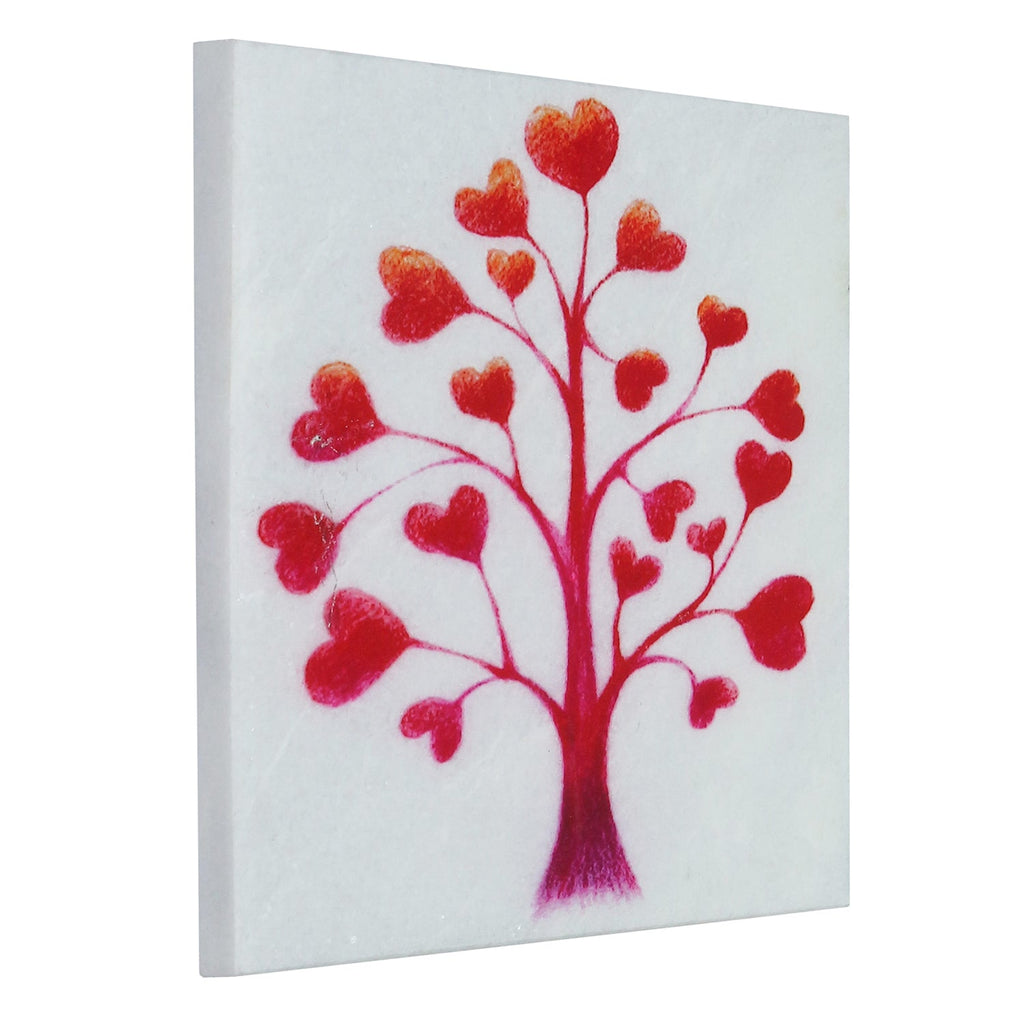 Red Hearts Tree Painting On Marble Square Tile Kafalo