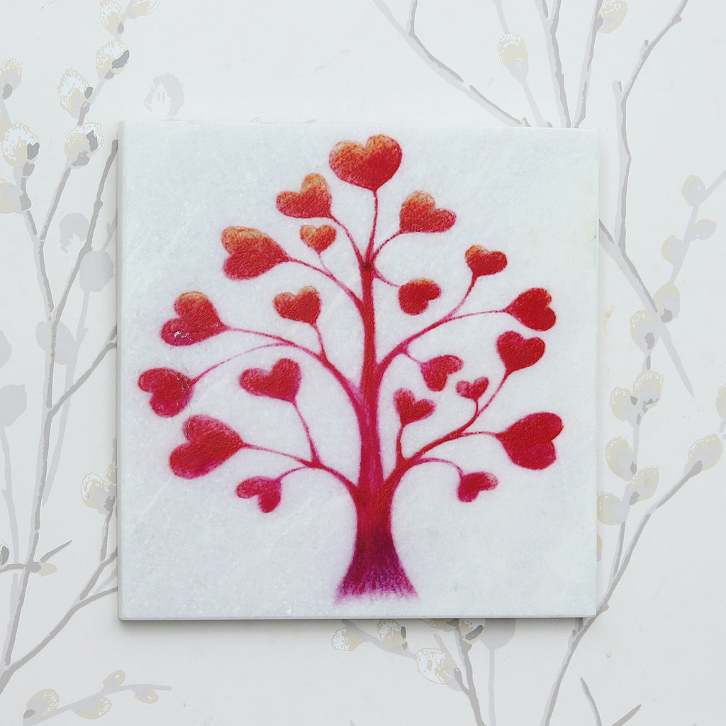 Red Hearts Tree Painting On Marble Square Tile Kafalo