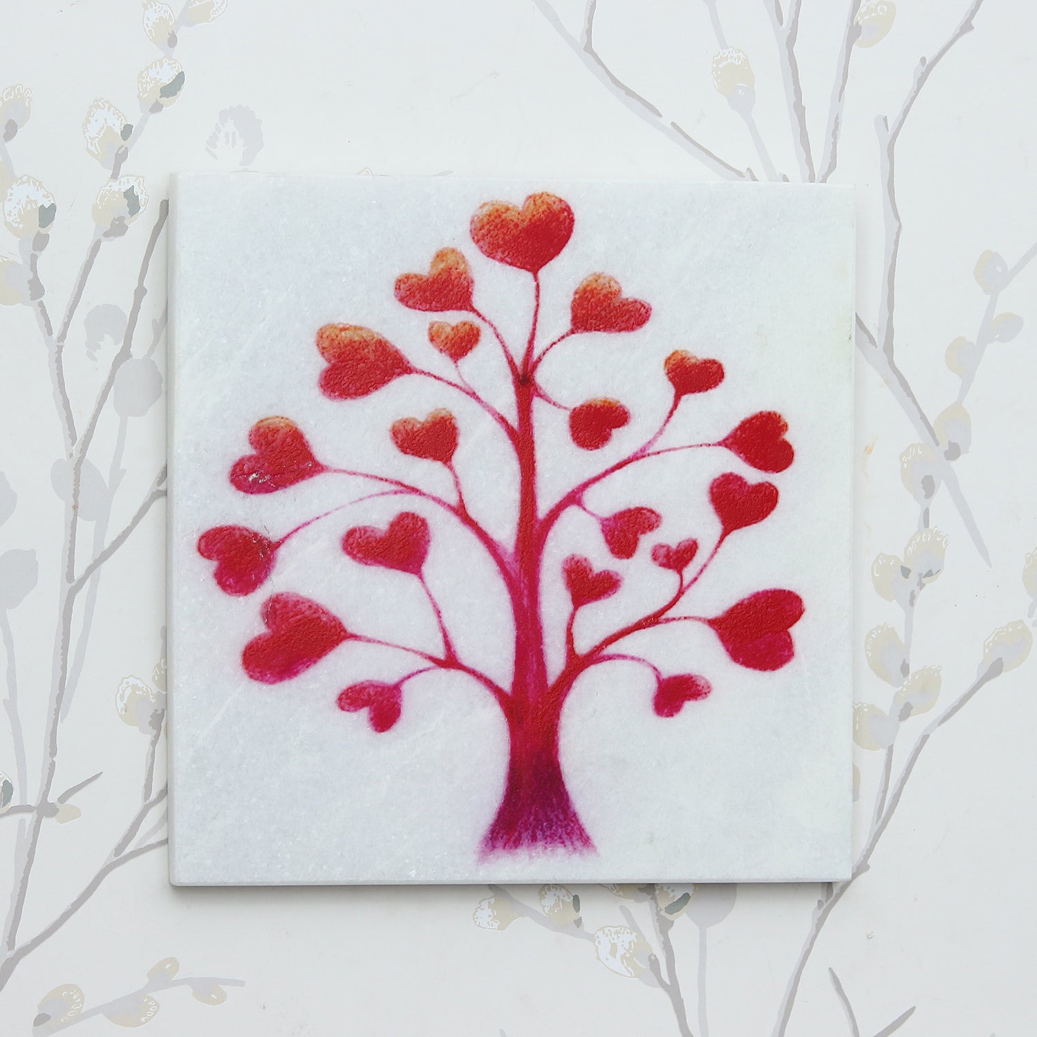 Red Hearts Tree Painting On Marble Square Tile Kafalo