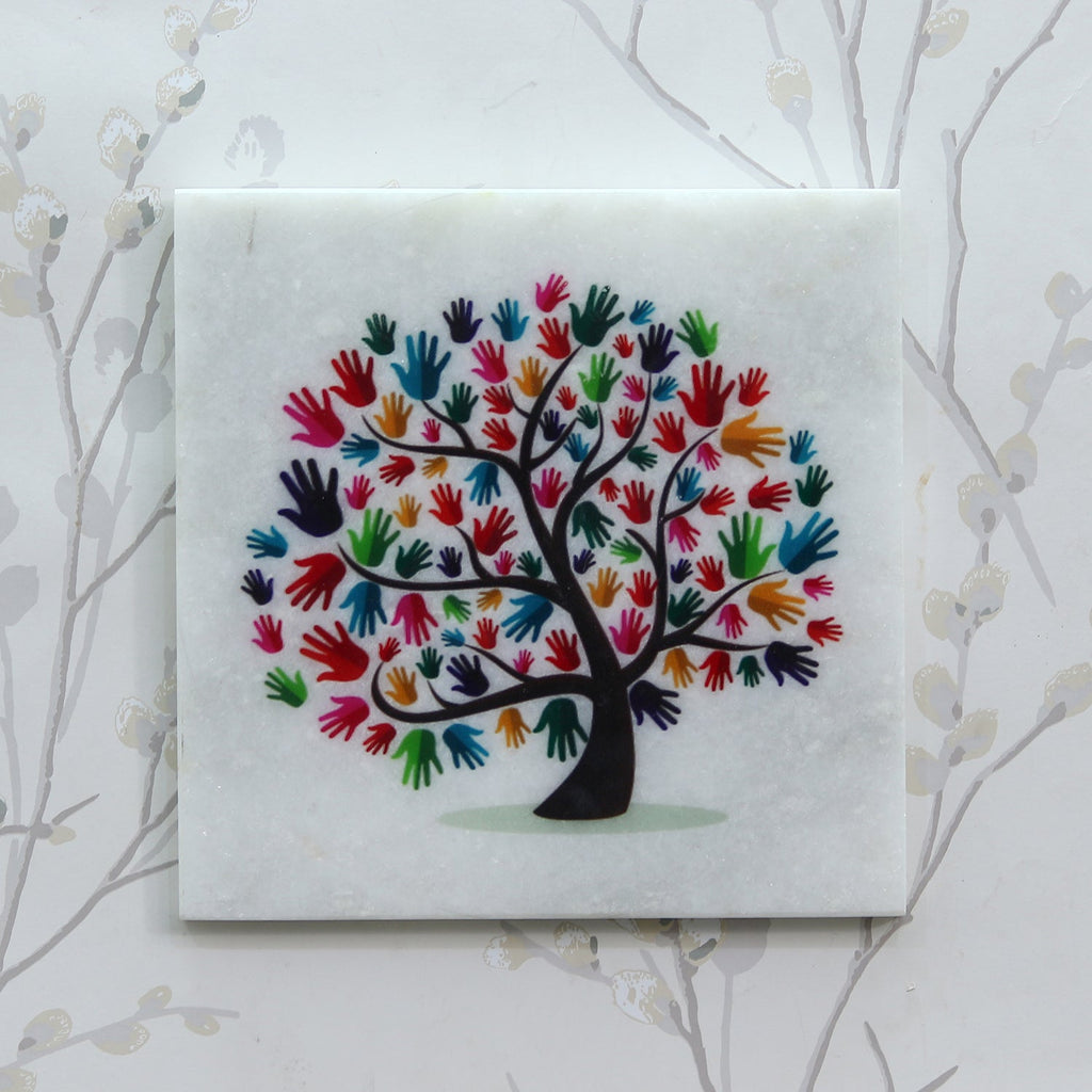 Colorful Hands Tree Painting On Marble Square Tile Kafalo