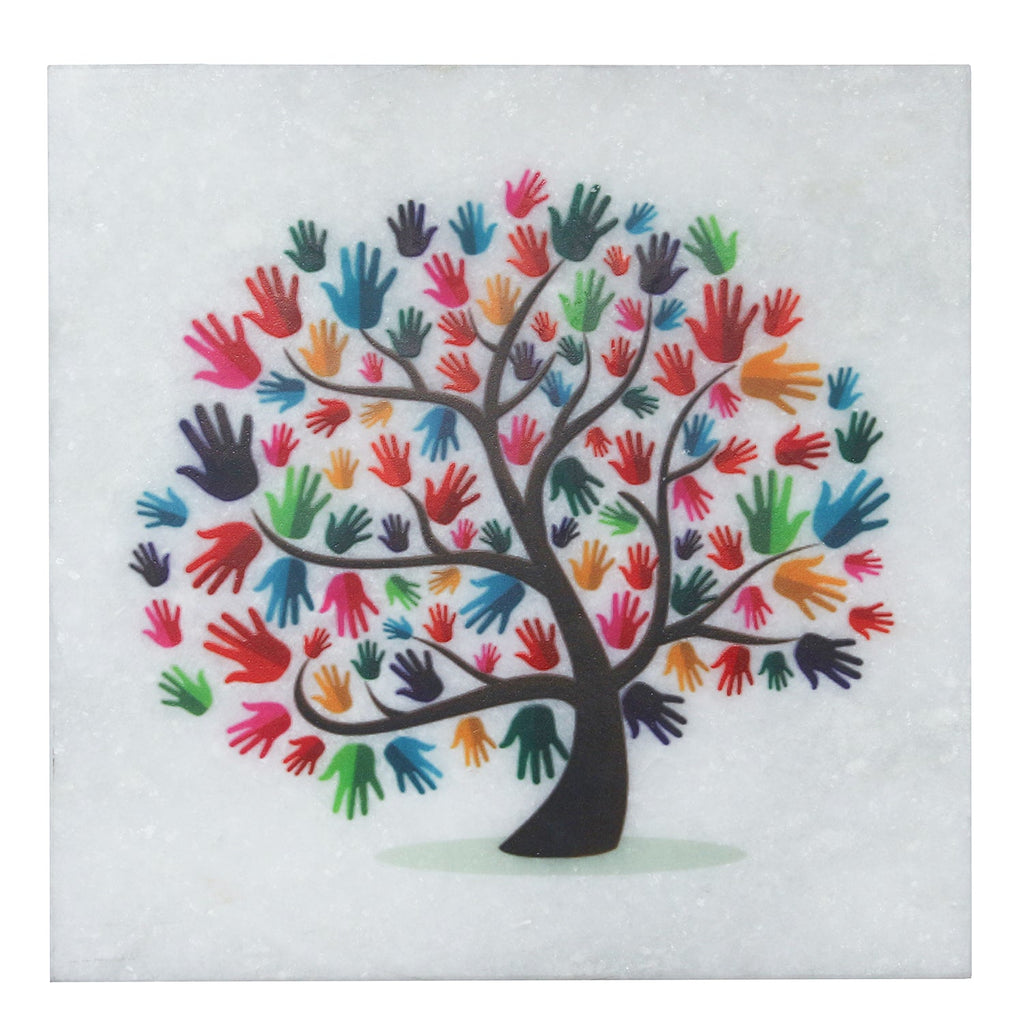 Colorful Hands Tree Painting On Marble Square Tile Kafalo