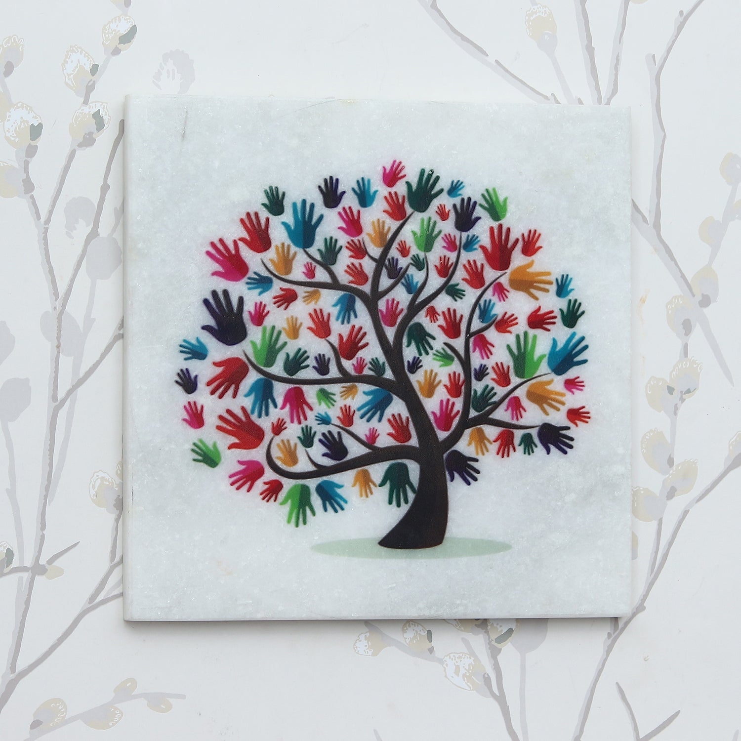 Colorful Hands Tree Painting On Marble Square Tile Kafalo