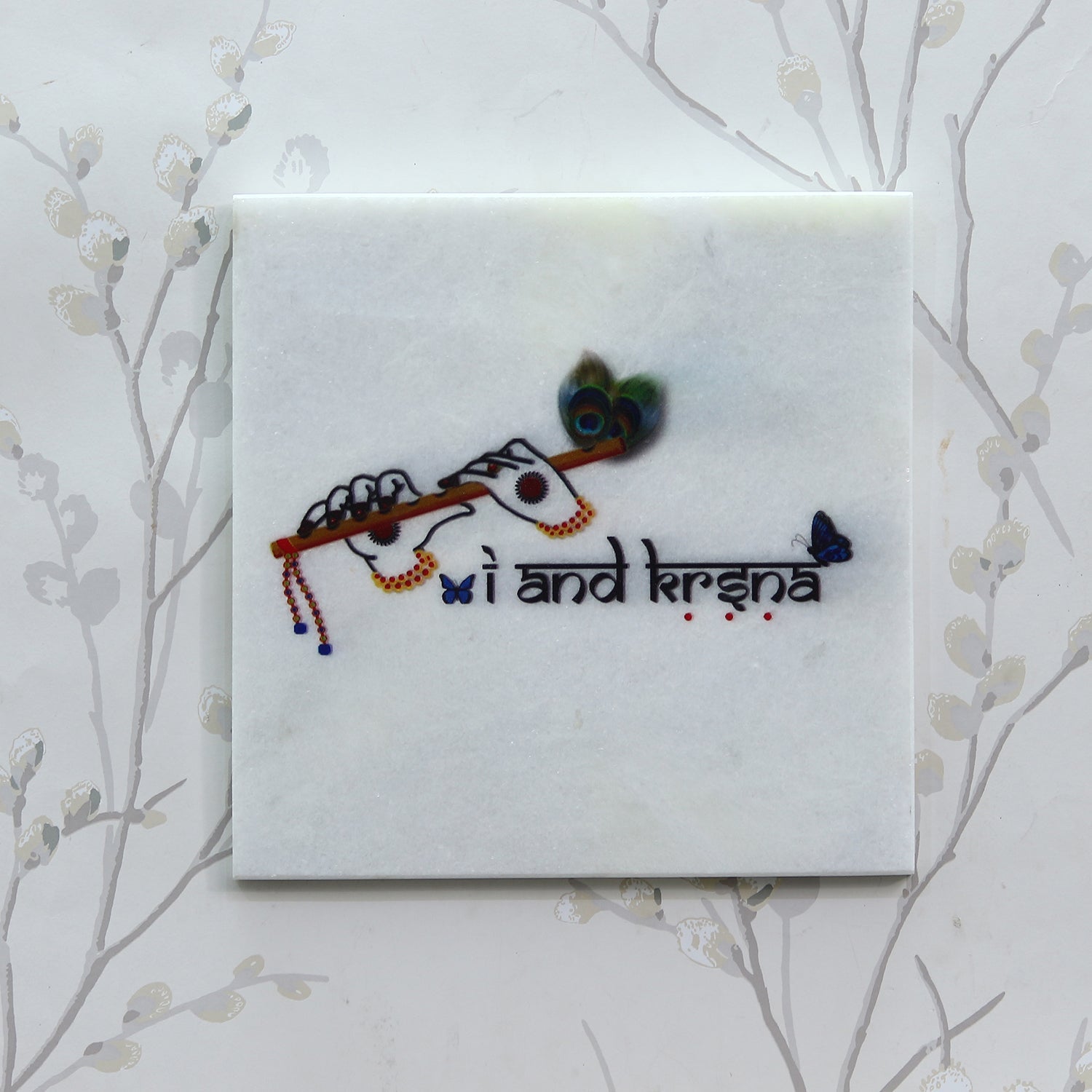 Lord Krishna Flute Painting On Marble Square Tile Kafalo