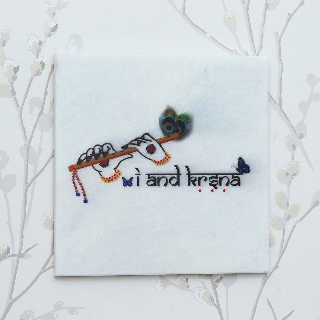 Lord Krishna Flute Painting On Marble Square Tile Kafalo