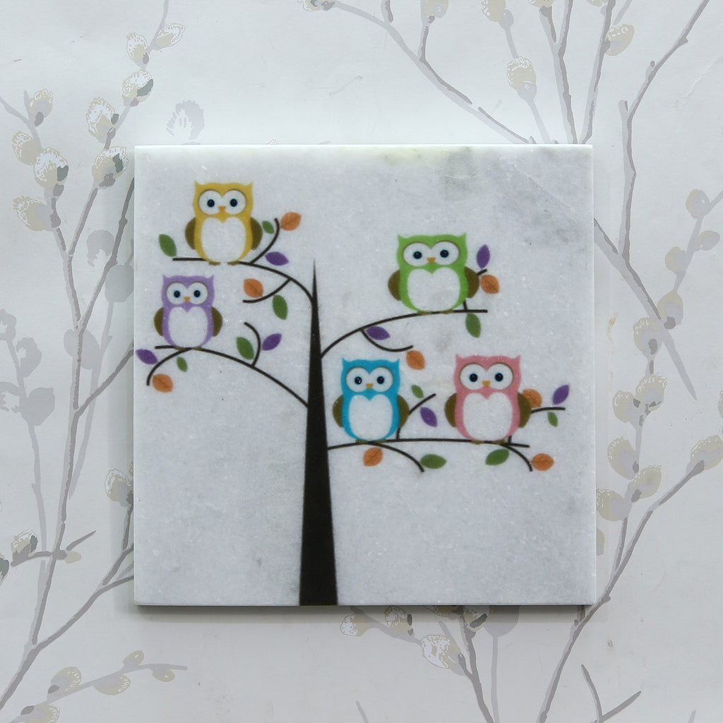 Colorful Owls sitting on a Tree Painting On Marble Square Tile Kafalo