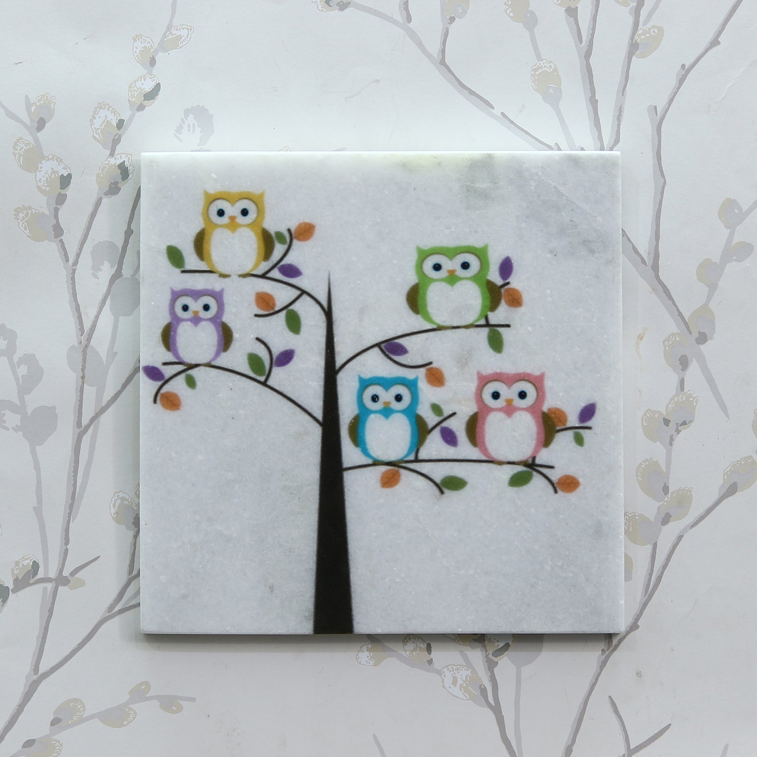 Colorful Owls sitting on a Tree Painting On Marble Square Tile Kafalo