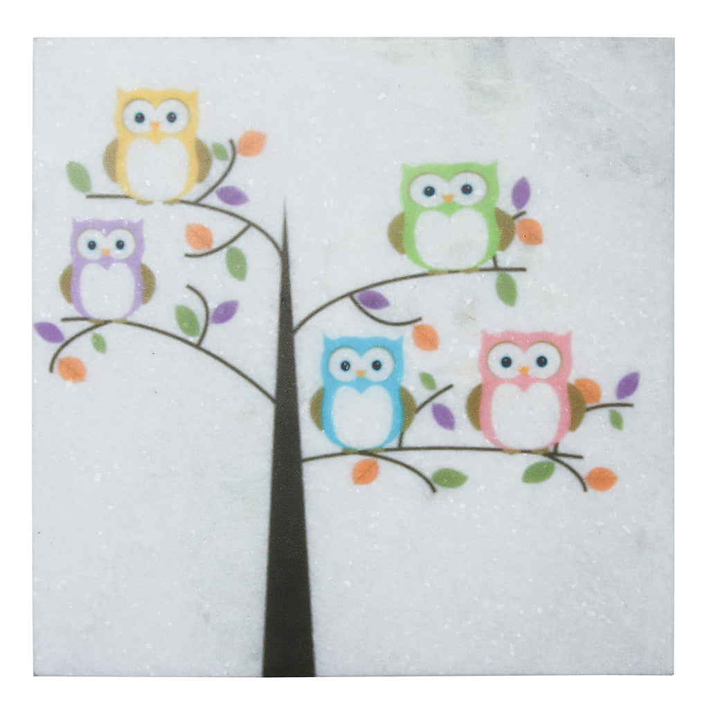 Colorful Owls sitting on a Tree Painting On Marble Square Tile Kafalo