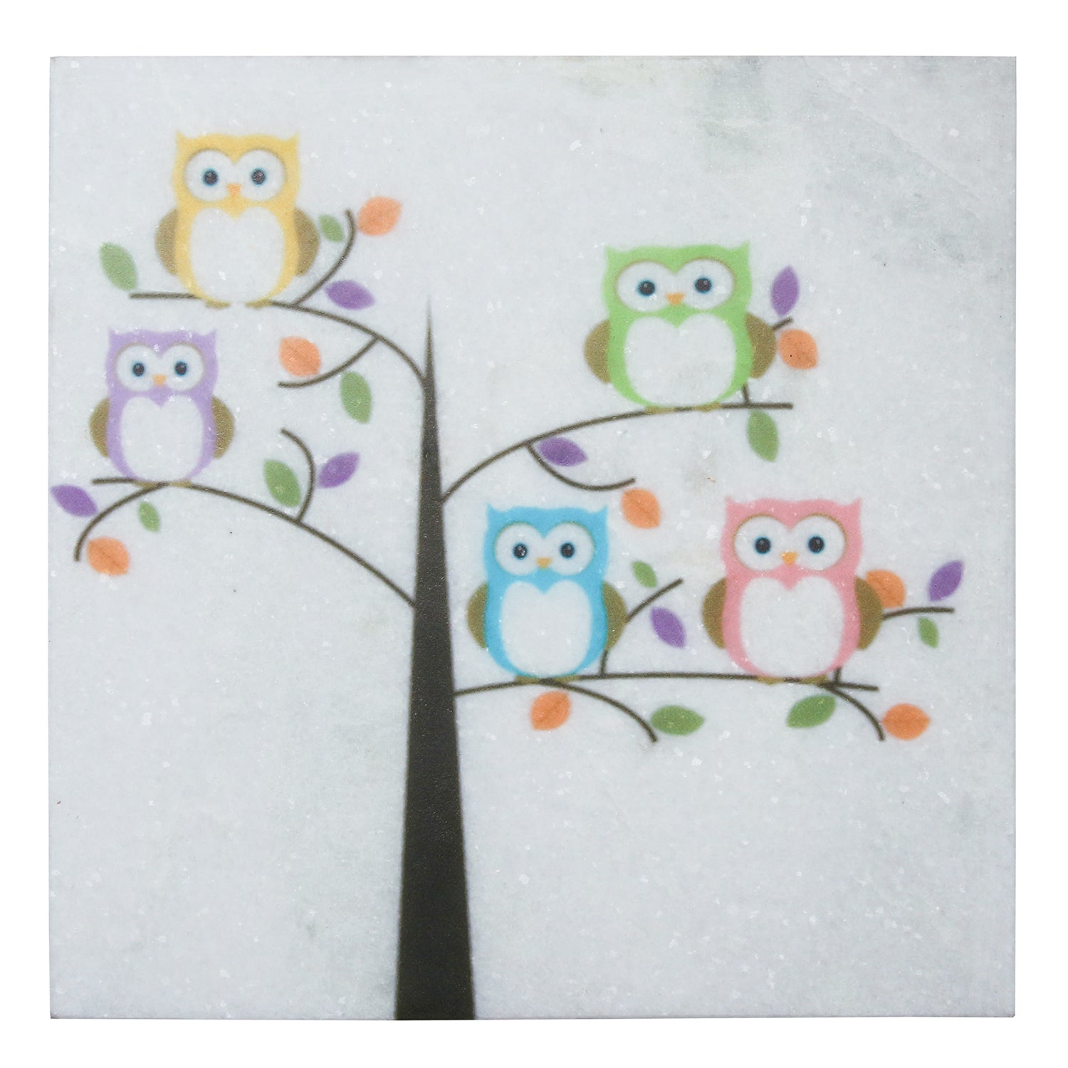 Colorful Owls sitting on a Tree Painting On Marble Square Tile Kafalo