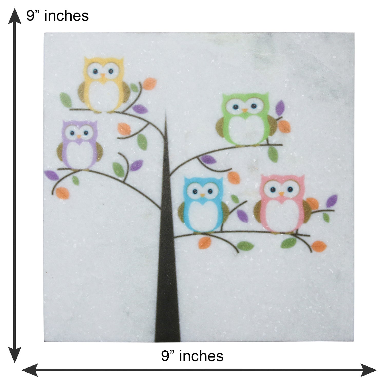 Colorful Owls sitting on a Tree Painting On Marble Square Tile Kafalo
