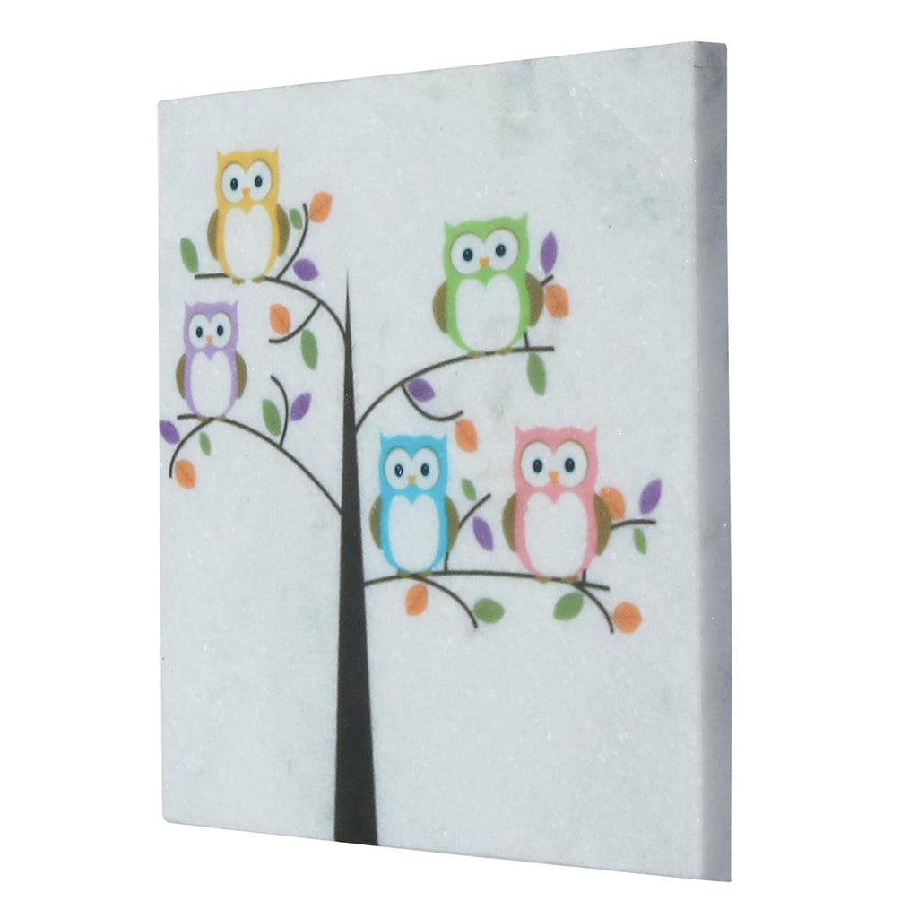 Colorful Owls sitting on a Tree Painting On Marble Square Tile Kafalo