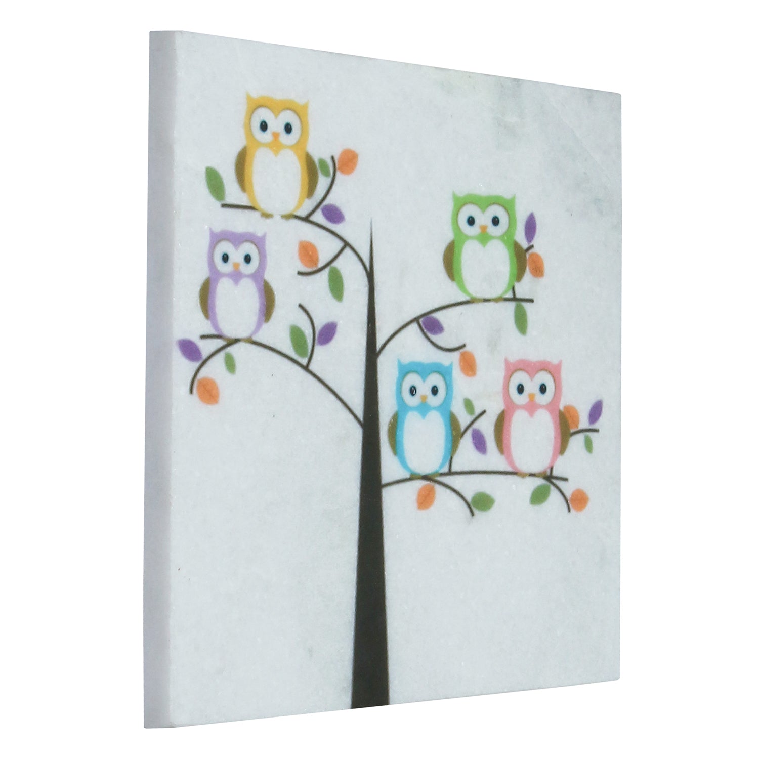 Colorful Owls sitting on a Tree Painting On Marble Square Tile Kafalo