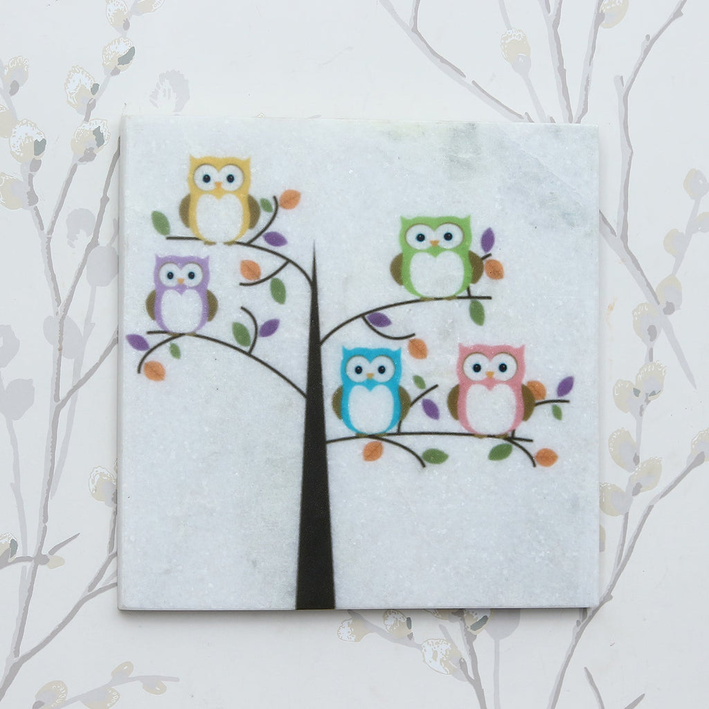 Colorful Owls sitting on a Tree Painting On Marble Square Tile Kafalo