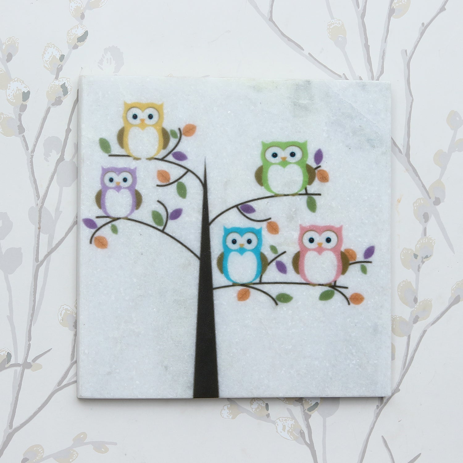 Colorful Owls sitting on a Tree Painting On Marble Square Tile Kafalo