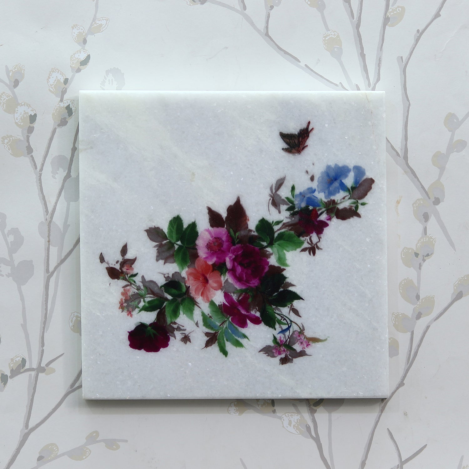 Colorful Leaves Painting On Marble Square Tile Kafalo