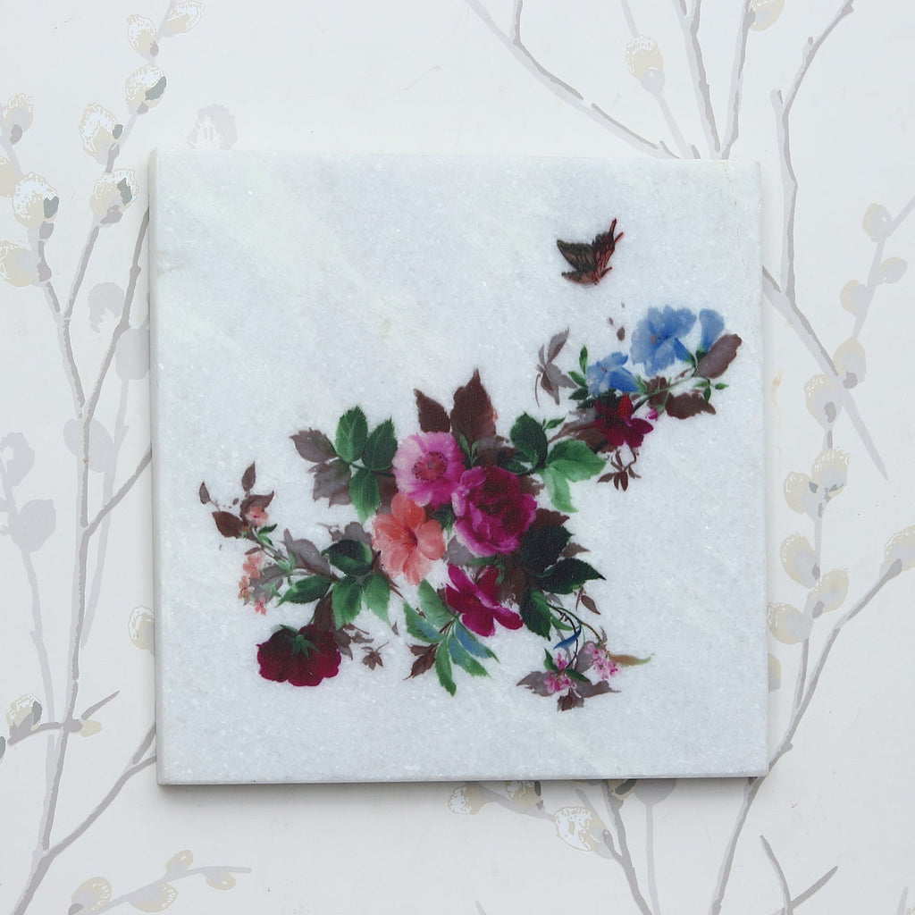 Colorful Leaves Painting On Marble Square Tile Kafalo
