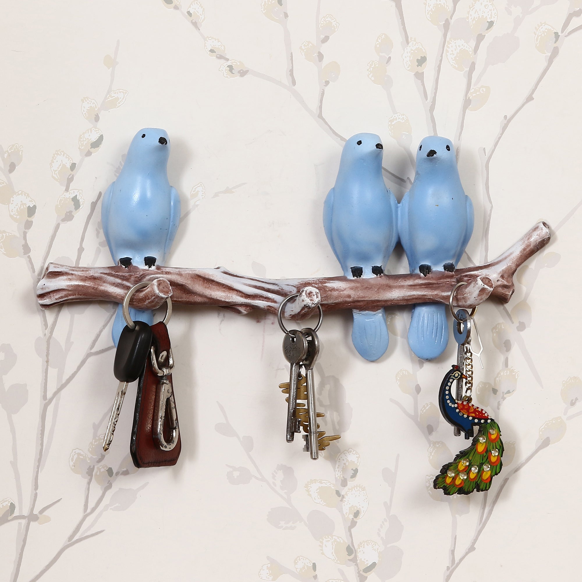 Polyresin 3 Blue Birds Sitting on Tree Branch Decorative Key Holder with 3 Key Hooks Kafalo