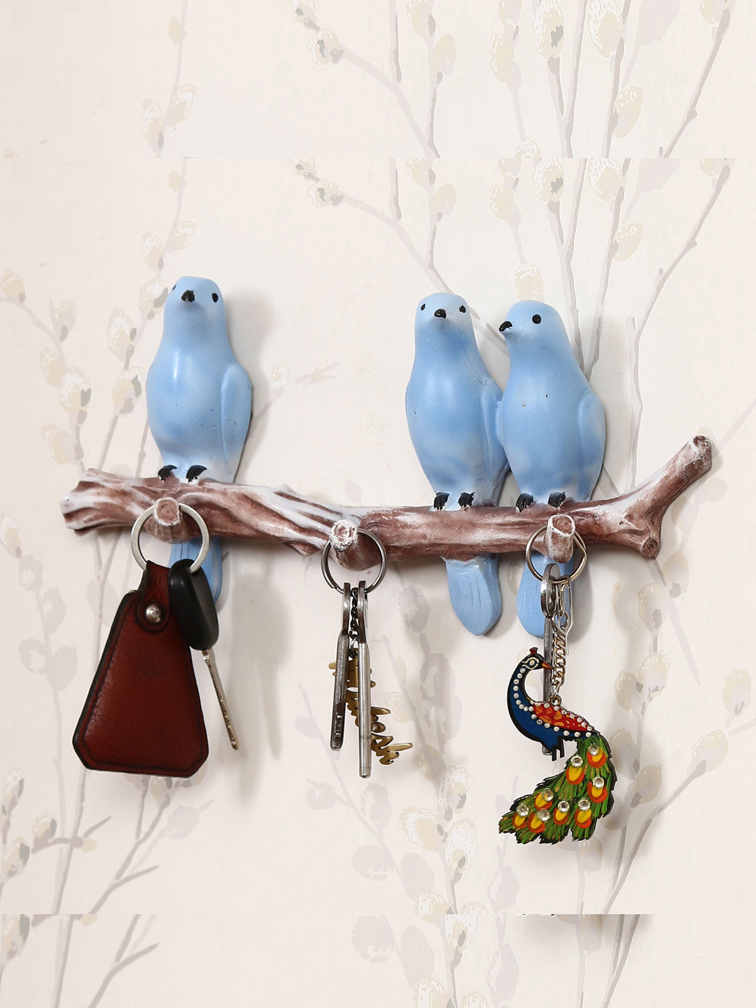 Polyresin 3 Blue Birds Sitting on Tree Branch Decorative Key Holder with 3 Key Hooks Kafalo