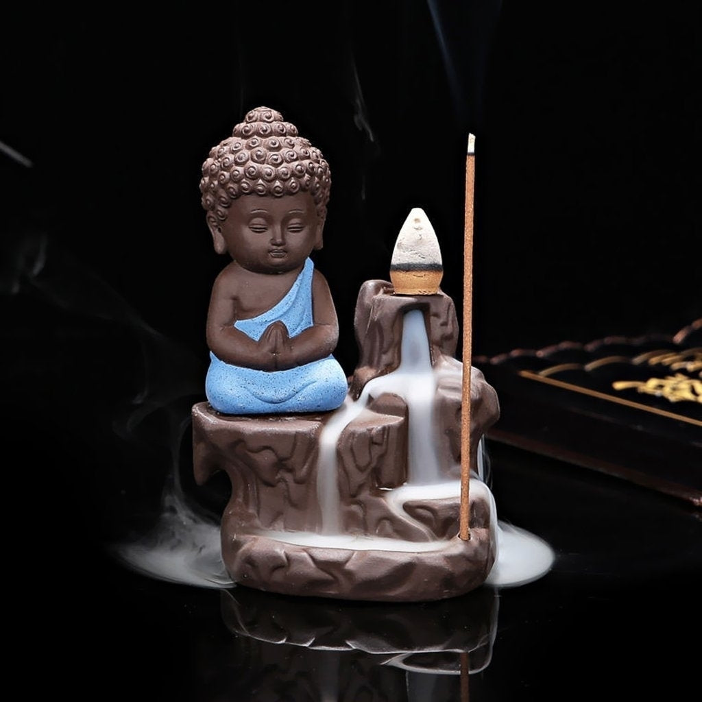 Meditating Monk Buddha Statue Smoke Backflow Cone Incense Holder Decorative Showpiece With 10 Backflow Incense Cone Kafalo