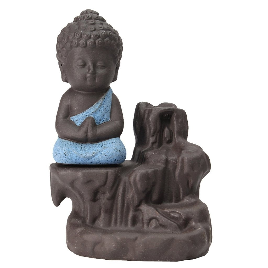 Meditating Monk Buddha Statue Smoke Backflow Cone Incense Holder Decorative Showpiece with 10 free Smoke Backflow Scented Cone Incenses(Blue and Brown) Kafalo