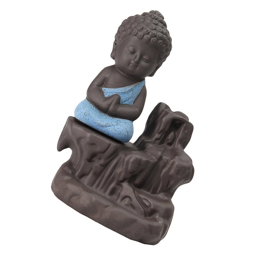 Meditating Monk Buddha Statue Smoke Backflow Cone Incense Holder Decorative Showpiece with 10 free Smoke Backflow Scented Cone Incenses(Blue and Brown) Kafalo