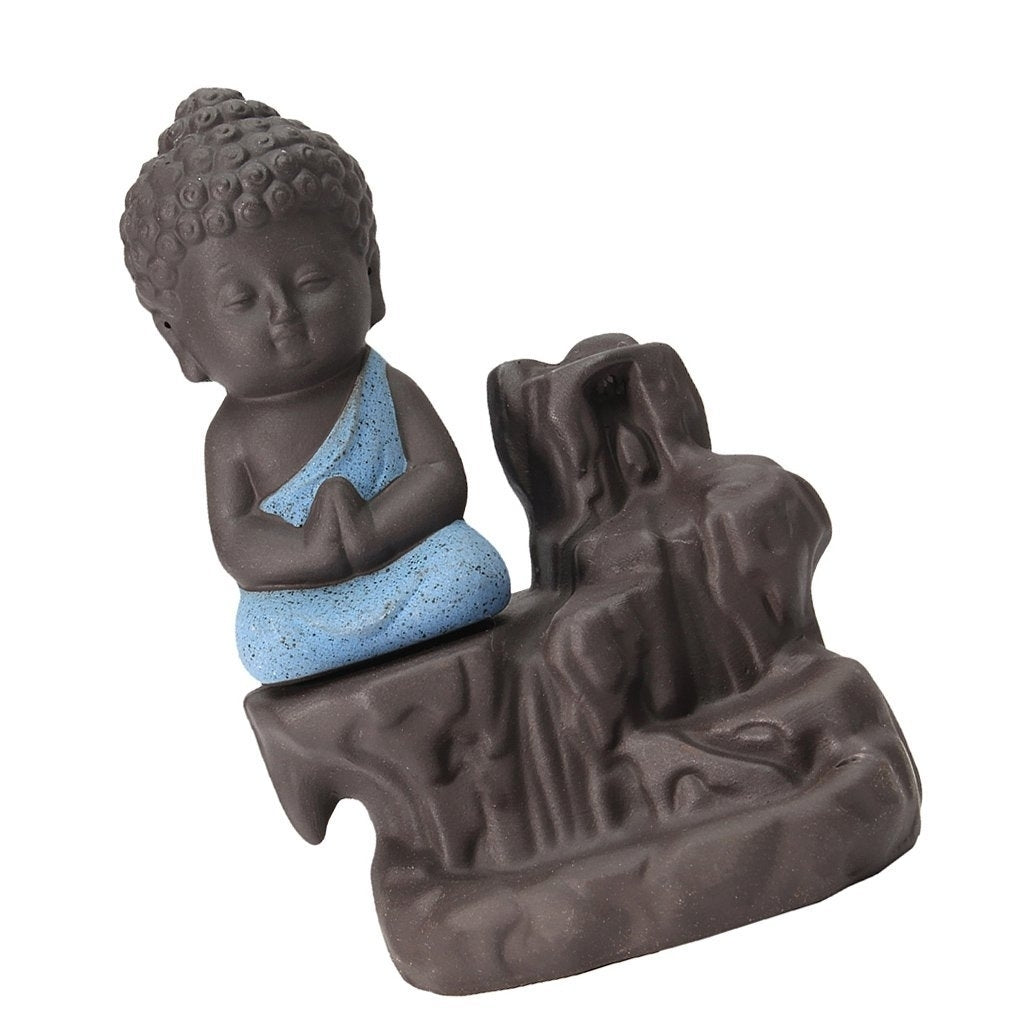 Meditating Monk Buddha Statue Smoke Backflow Cone Incense Holder Decorative Showpiece with 10 free Smoke Backflow Scented Cone Incenses(Blue and Brown) Kafalo