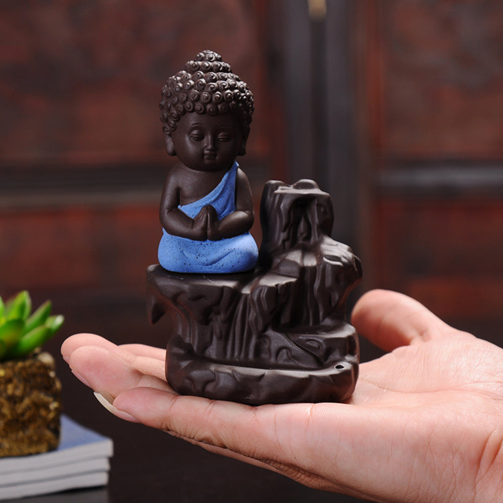 Meditating Monk Buddha Statue Smoke Backflow Cone Incense Holder Decorative Showpiece With 10 Backflow Incense Cone Kafalo