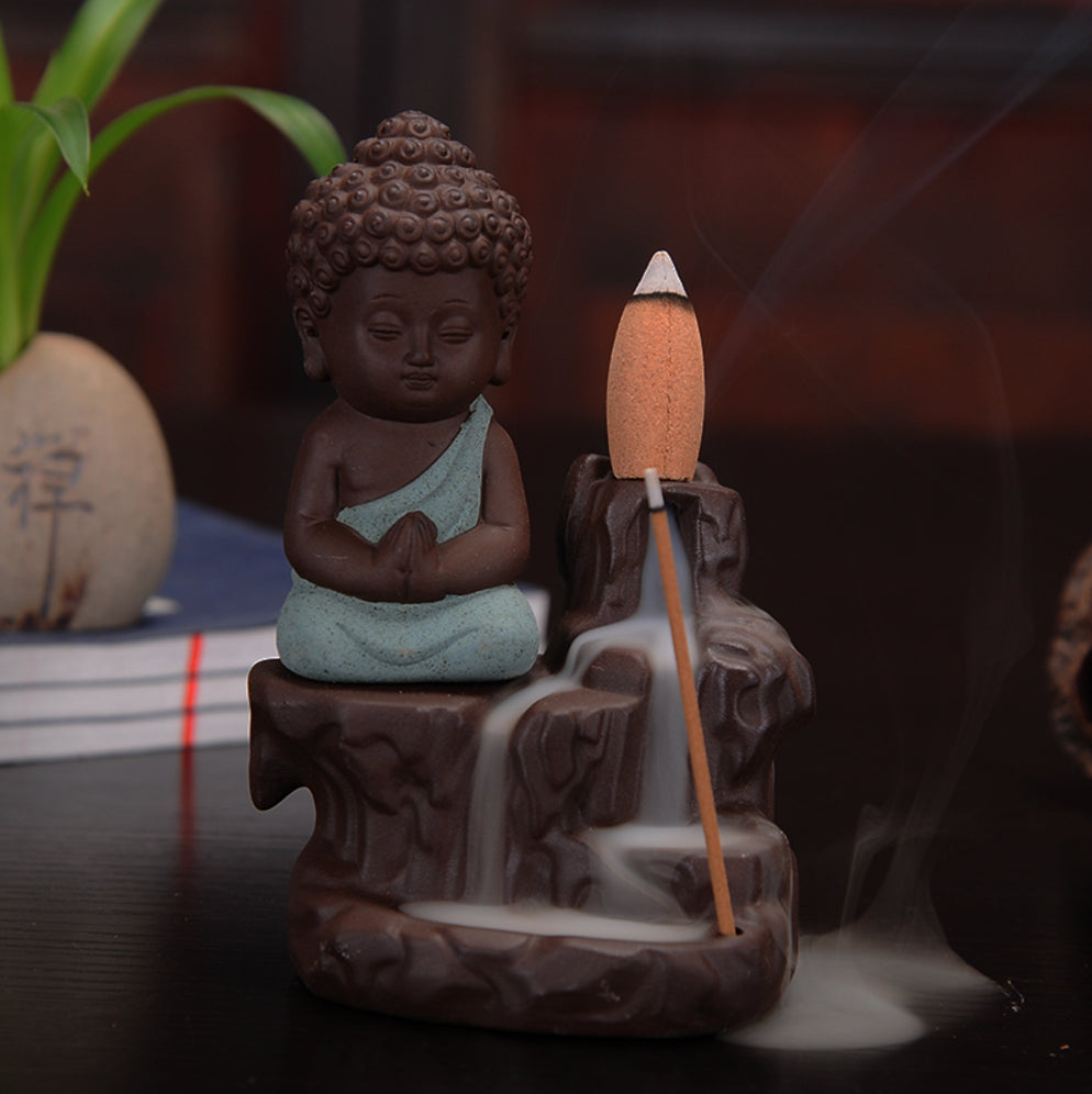 Meditating Monk Buddha Statue Smoke Backflow Cone Incense Holder Decorative Showpiece With 10 Backflow Incense Cone Kafalo