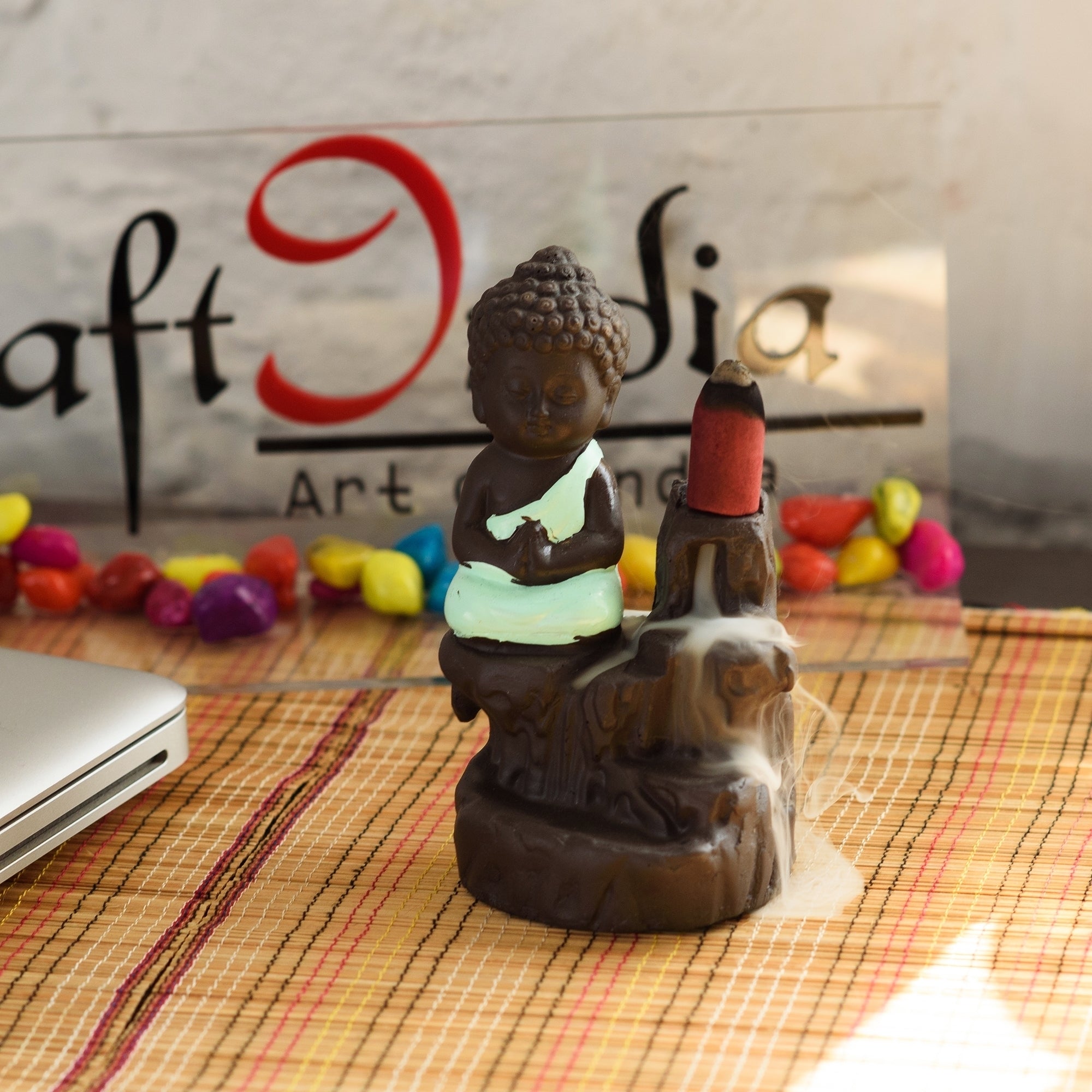 Meditating Monk Buddha Statue Smoke Backflow Cone Incense Holder Decorative Showpiece With 10 Backflow Incense Cone Kafalo