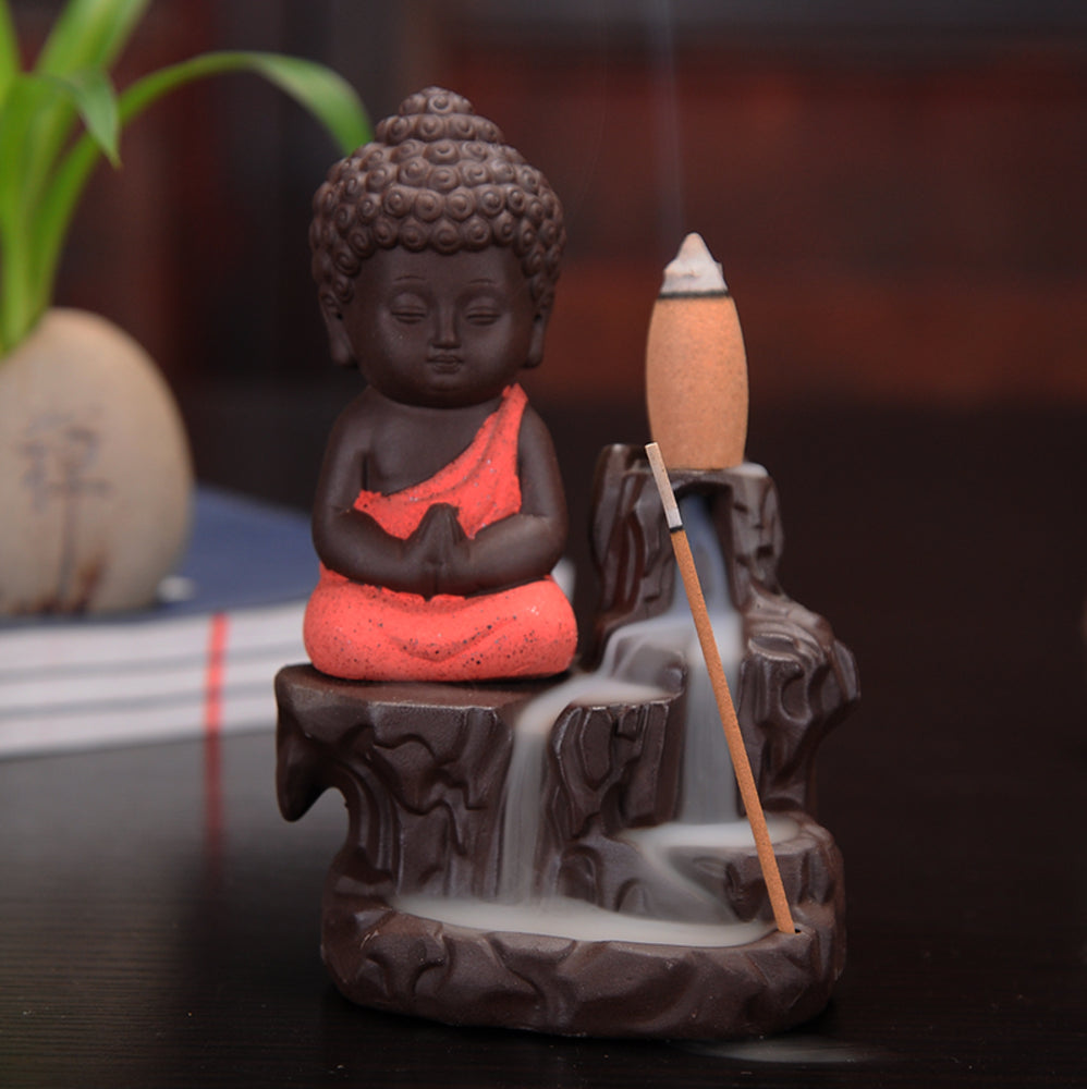 Meditating Monk Buddha Statue Smoke Backflow Cone Incense Holder Decorative Showpiece with 10 free Smoke Backflow Scented Cone Incenses(Orange and Brown) Kafalo