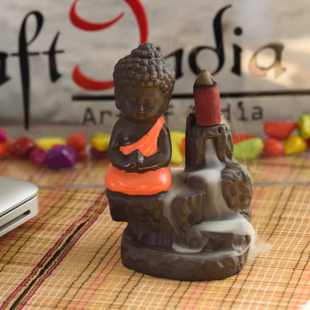 Meditating Monk Buddha Statue Smoke Backflow Cone Incense Holder Decorative Showpiece With 10 Backflow Incense Cone Kafalo