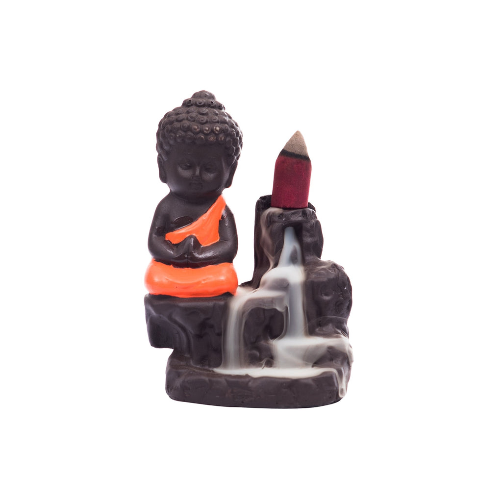 Meditating Monk Buddha Statue Smoke Backflow Cone Incense Holder Decorative Showpiece with 10 free Smoke Backflow Scented Cone Incenses(Orange and Brown) Kafalo