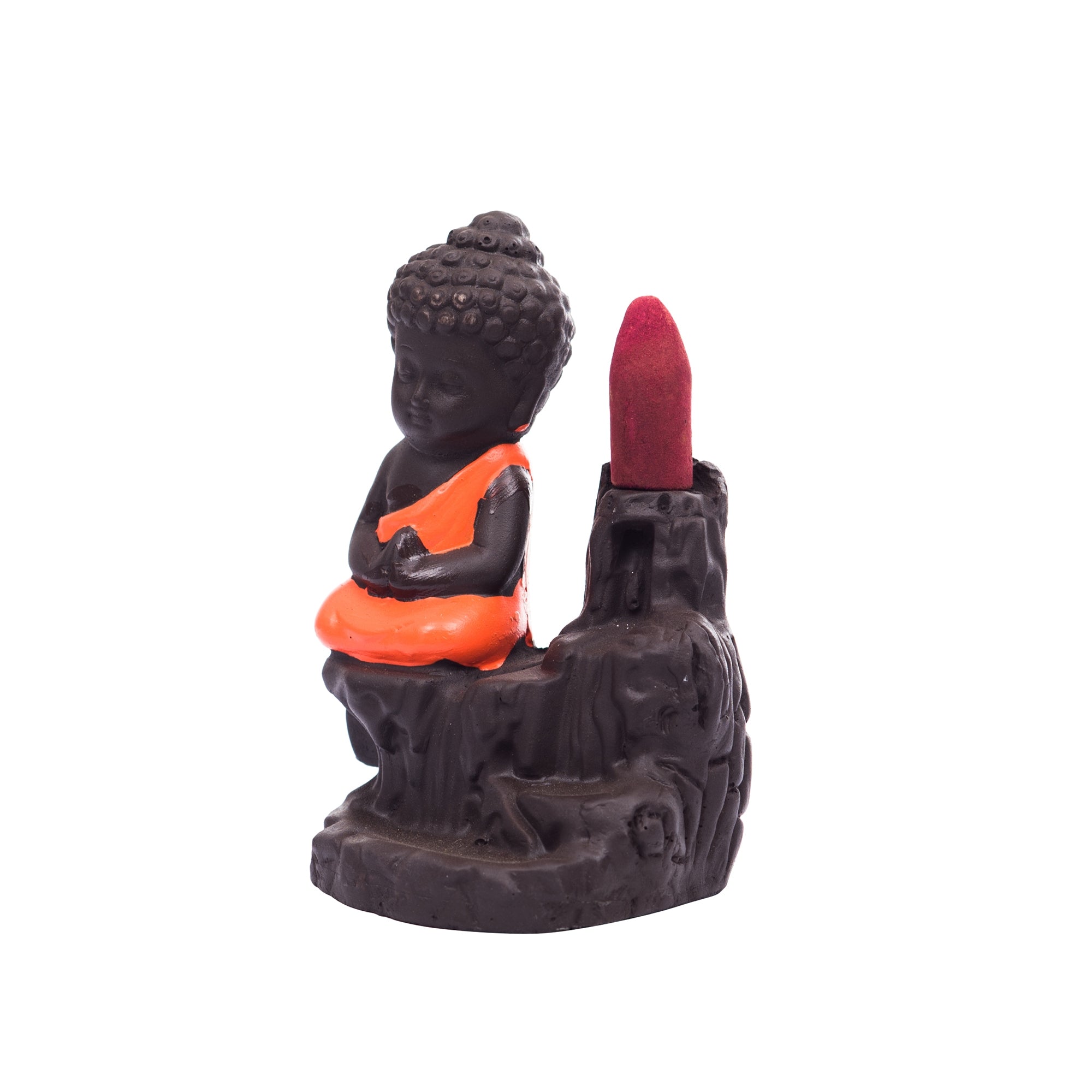 Meditating Monk Buddha Statue Smoke Backflow Cone Incense Holder Decorative Showpiece with 10 free Smoke Backflow Scented Cone Incenses(Orange and Brown) Kafalo
