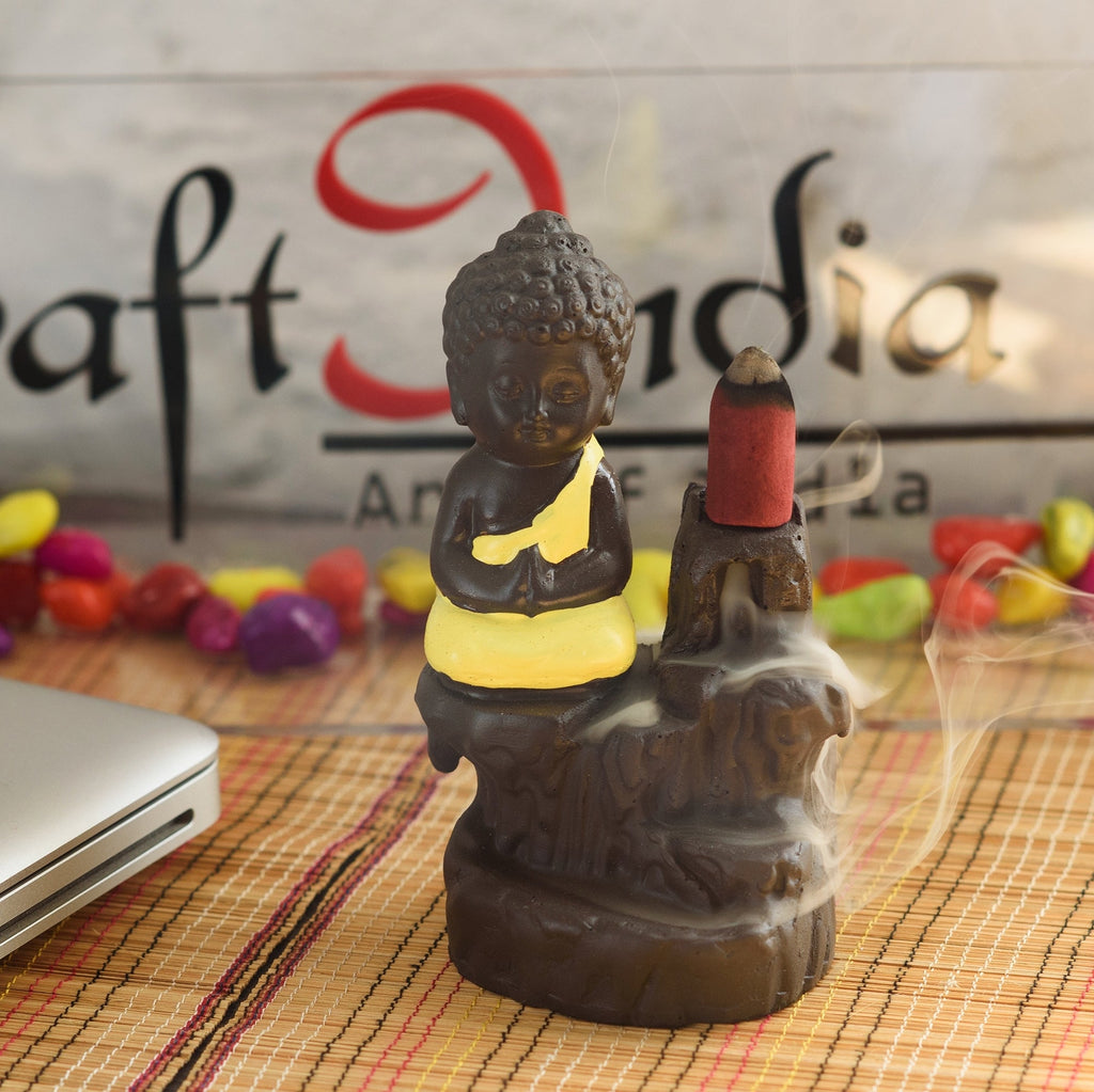 Meditating Monk Buddha Statue Smoke Backflow Cone Incense Holder Decorative Showpiece with 10 free Smoke Backflow Scented Cone Incenses(Yellow and Brown) Kafalo