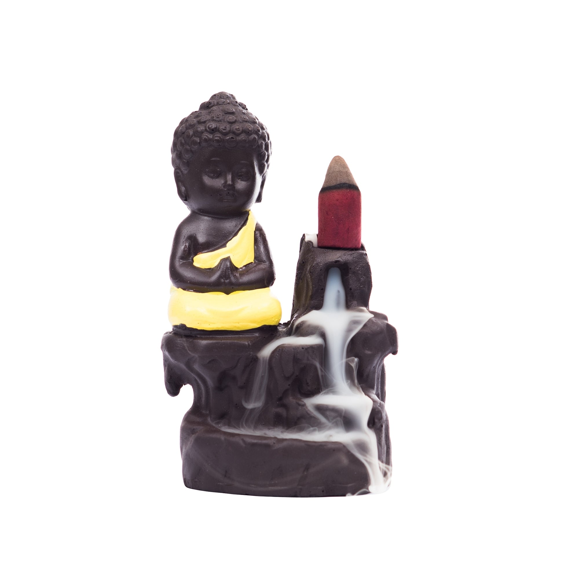 Meditating Monk Buddha Statue Smoke Backflow Cone Incense Holder Decorative Showpiece with 10 free Smoke Backflow Scented Cone Incenses(Yellow and Brown) Kafalo