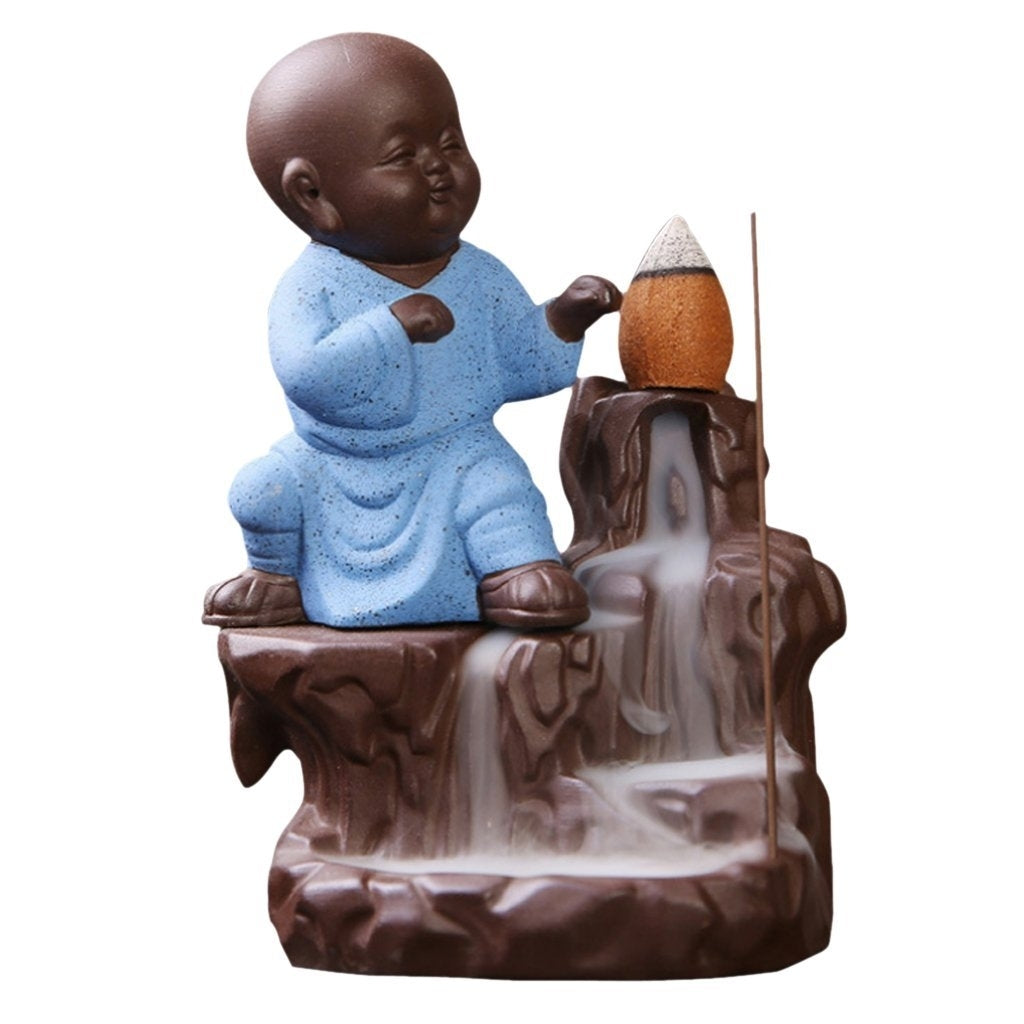 Karate Style Monk Buddha Statue Smoke Backflow Cone Incense Holder Decorative Showpiece with 10 free Smoke Backflow Scented Cone Incenses(Blue and Brown) Kafalo