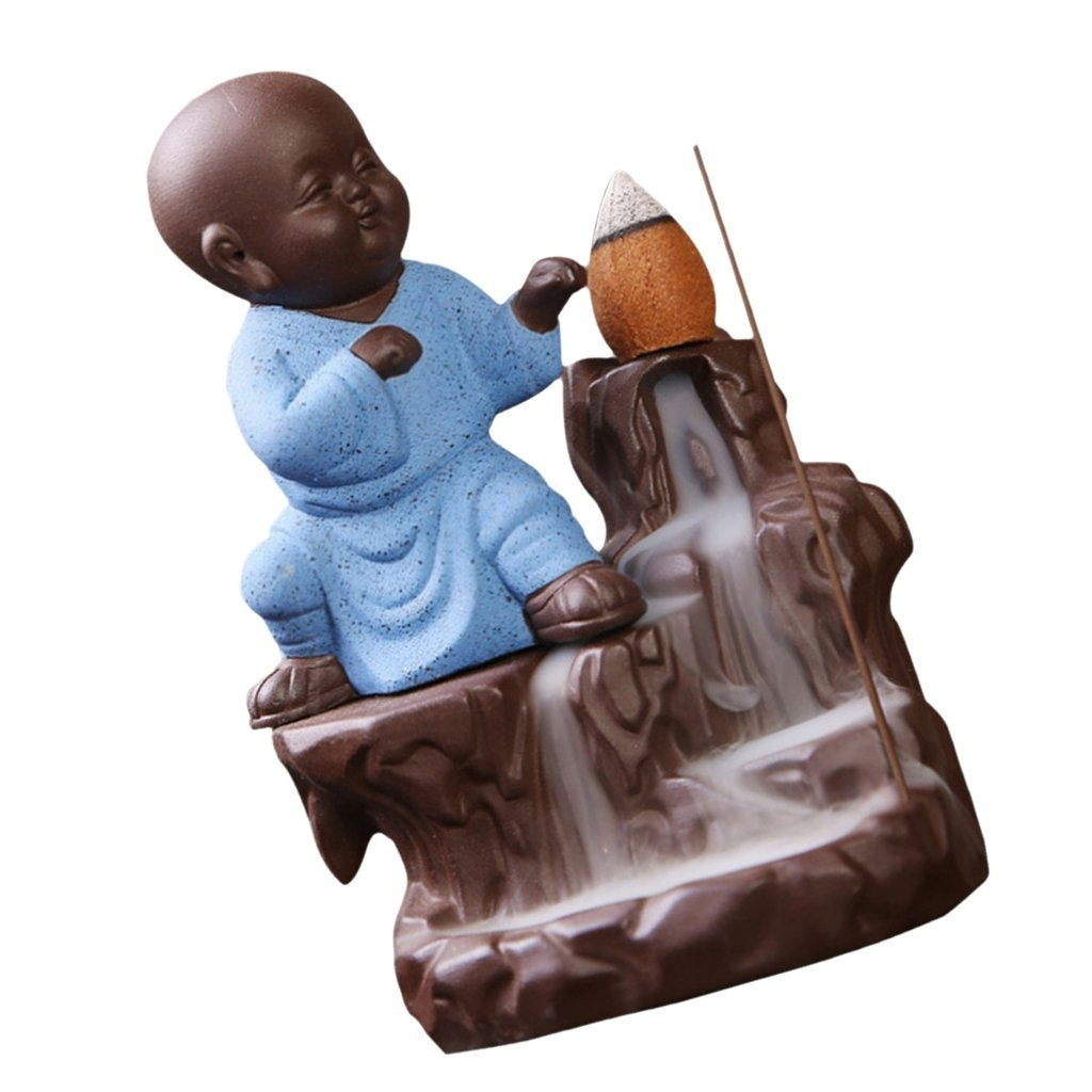 Karate Style Monk Buddha Statue Smoke Backflow Cone Incense Holder Decorative Showpiece with 10 free Smoke Backflow Scented Cone Incenses(Blue and Brown) Kafalo