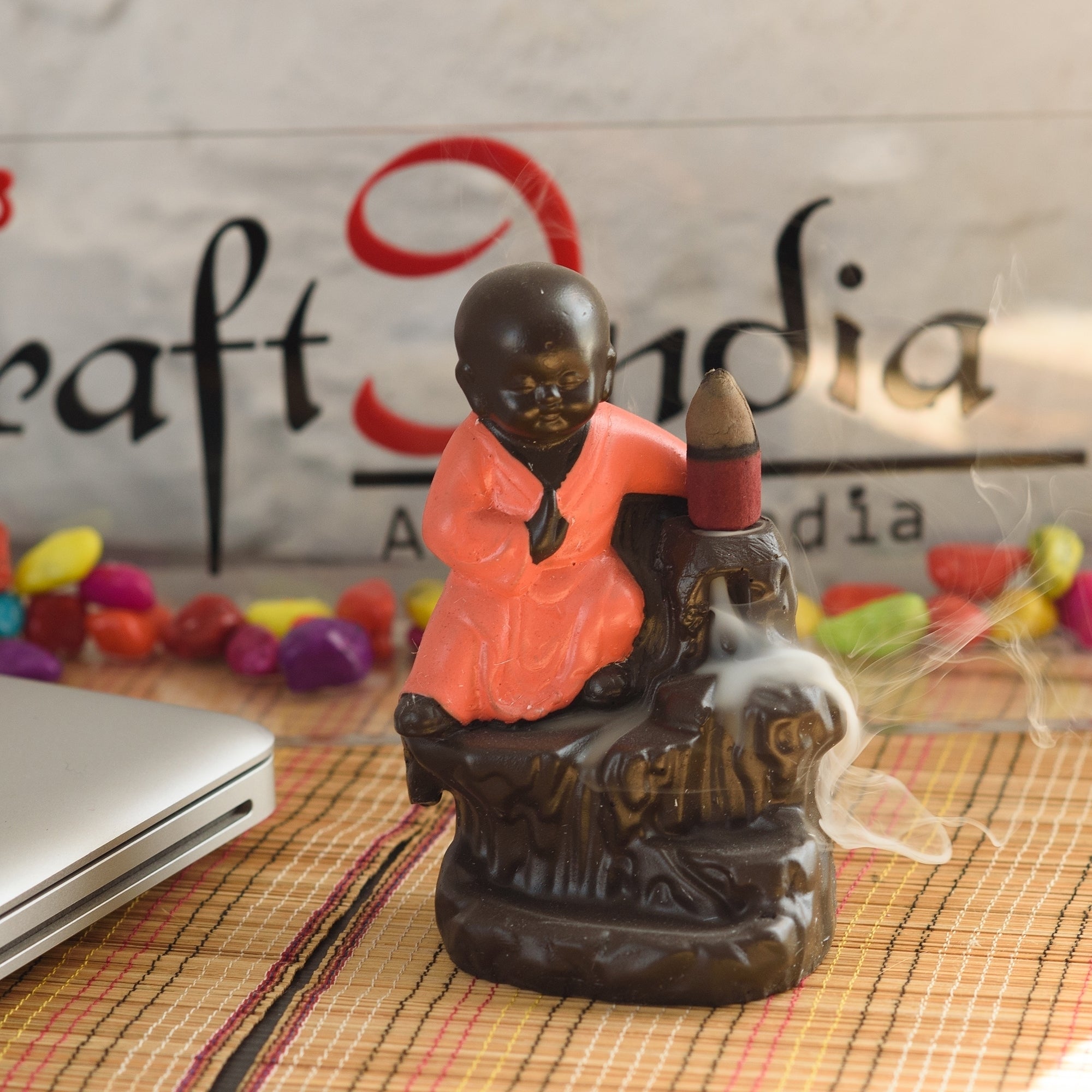Karate Style Monk Buddha Idol Smoke Backflow Cone Incense Holder Decorative Showpiece With 10 Backflow Incense Cone Kafalo